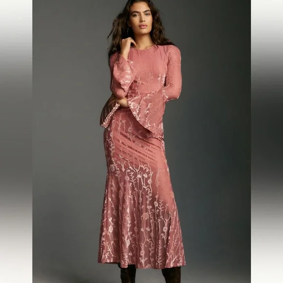 knee length dresses for ladies Burnout Velvet Long Sleeve Maxi Dress